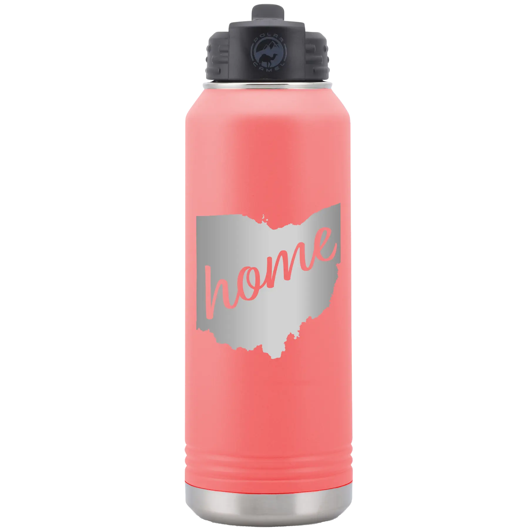 Laser etched coral 32 oz vacuum insulated water bottle with 'Ohio Home' design