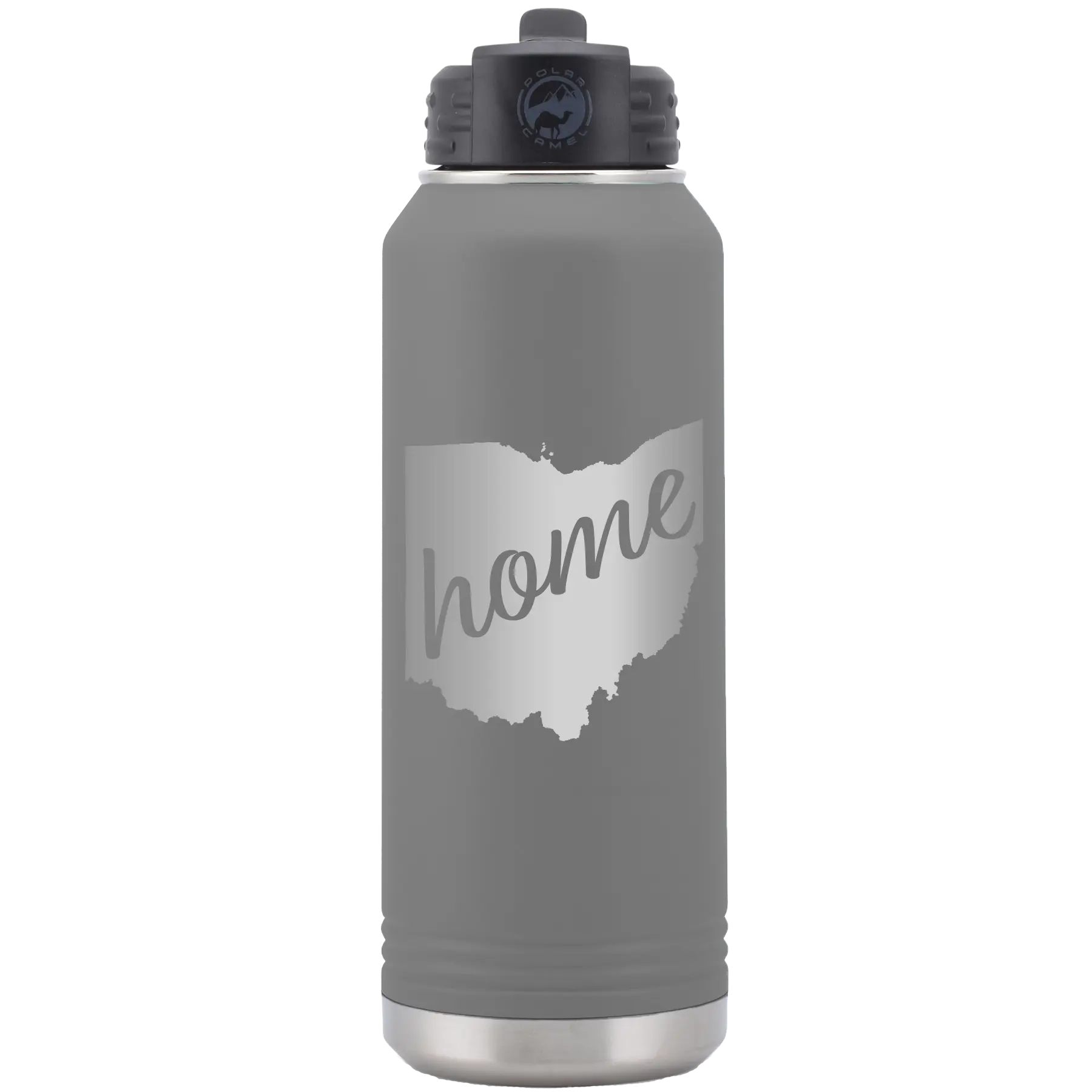 Laser etched dark gray 32 oz vacuum insulated water bottle with 'Ohio Home' design
