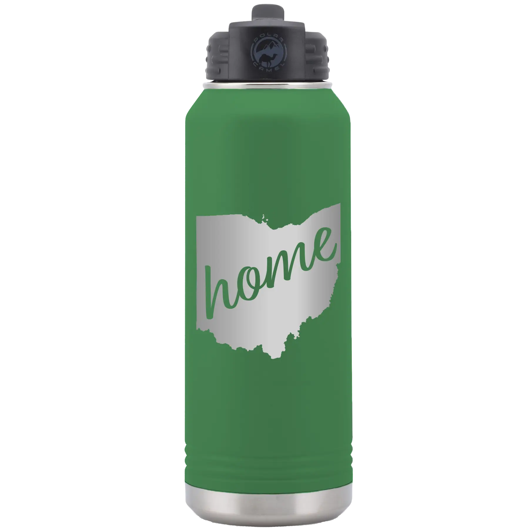 Laser etched green 32 oz vacuum insulated water bottle with 'Ohio Home' design