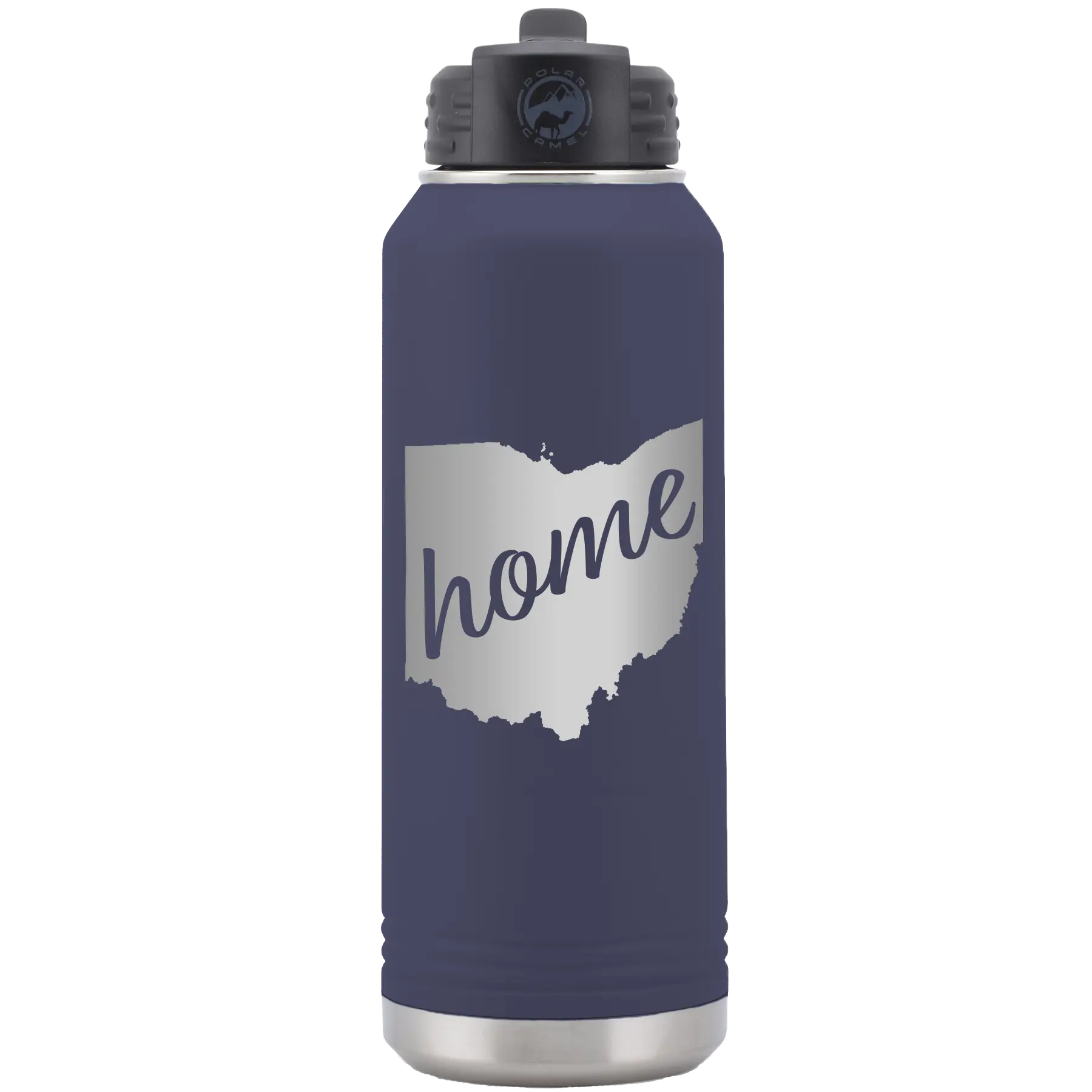 Laser etched navy 32 oz vacuum insulated water bottle with 'Ohio Home' design