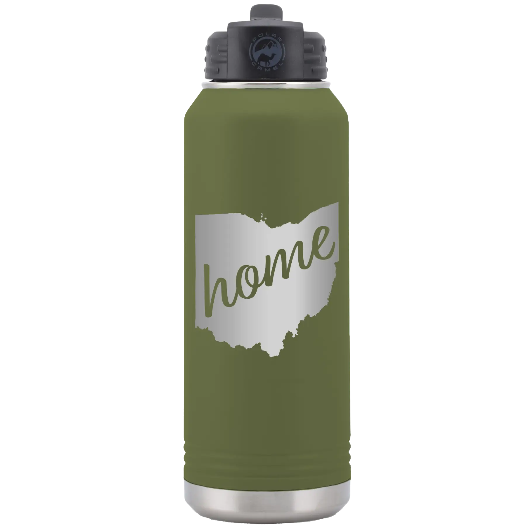 Laser etched olive green 32 oz vacuum insulated water bottle with 'Ohio Home' design