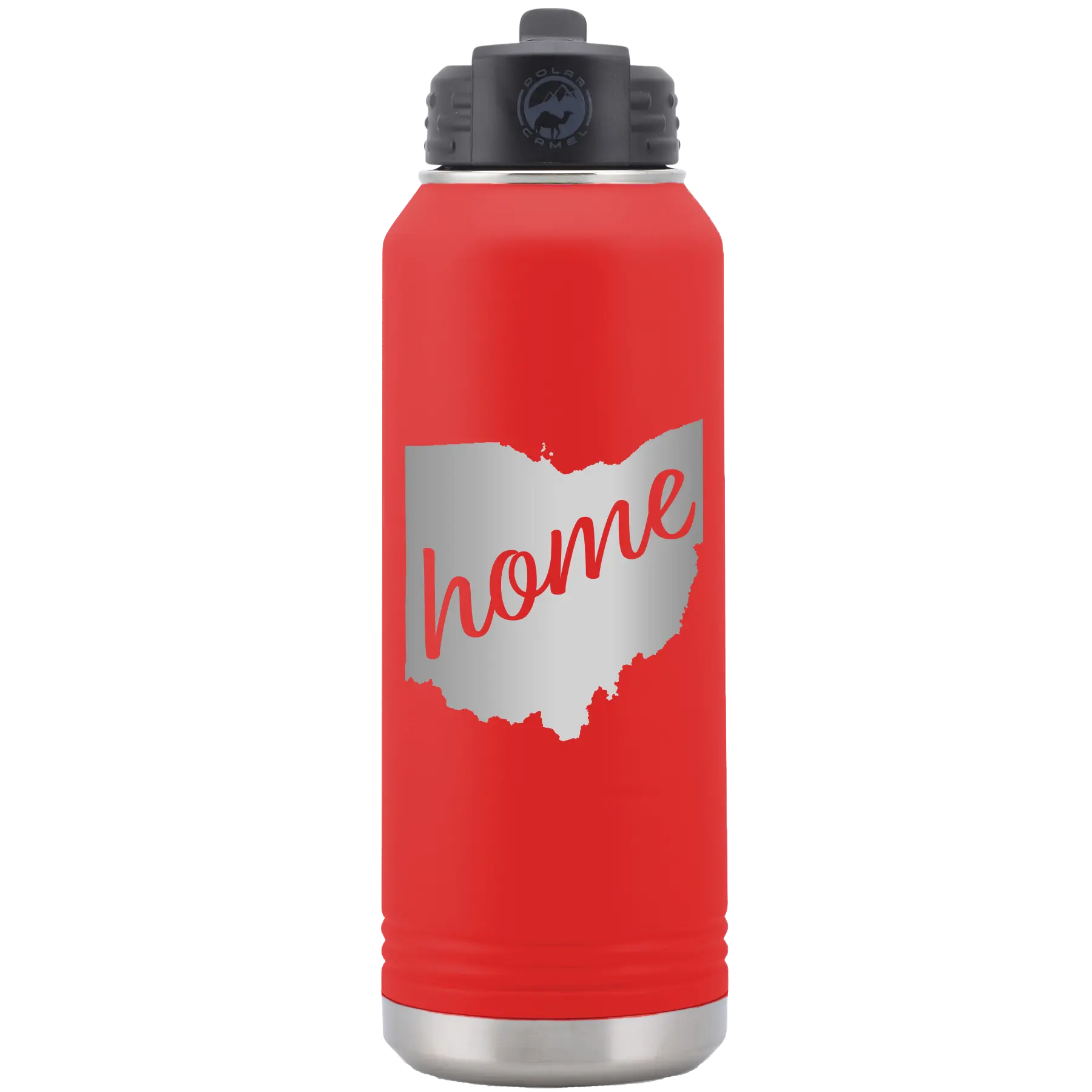 Laser etched red 32 oz vacuum insulated water bottle with 'Ohio Home' design