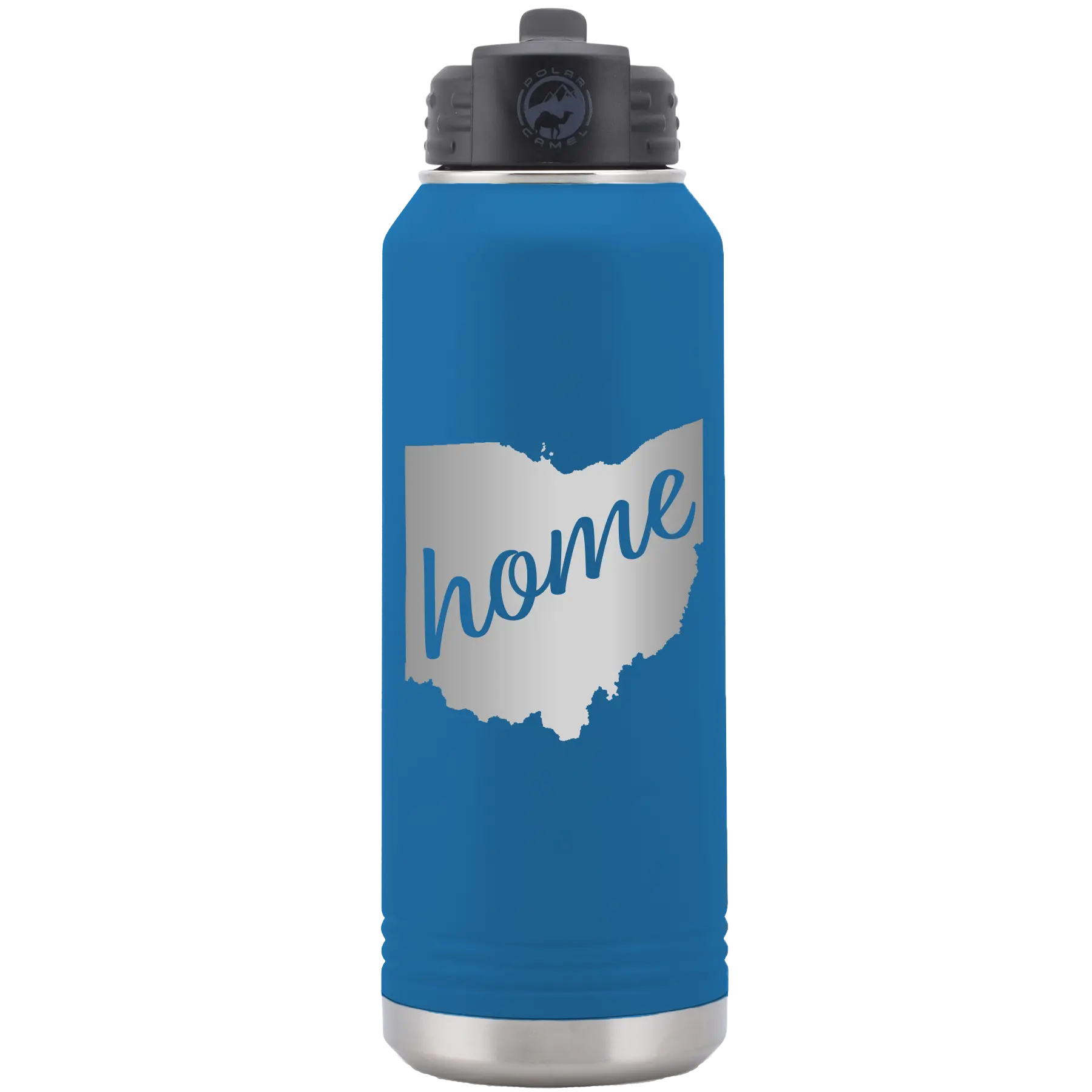 Laser etched royal blue 32 oz vacuum insulated water bottle with 'Ohio Home' design
