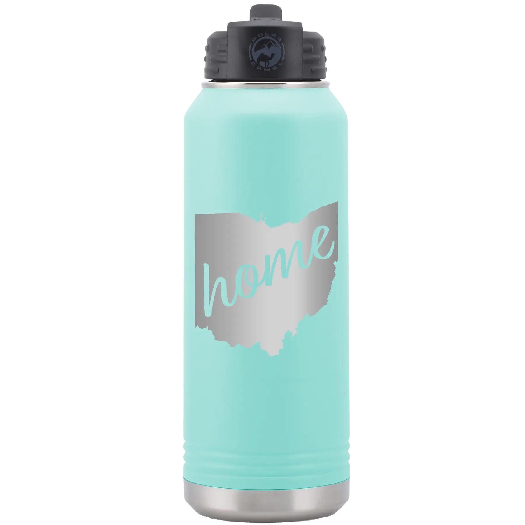 Laser etched teal 32 oz vacuum insulated water bottle with 'Ohio Home' design
