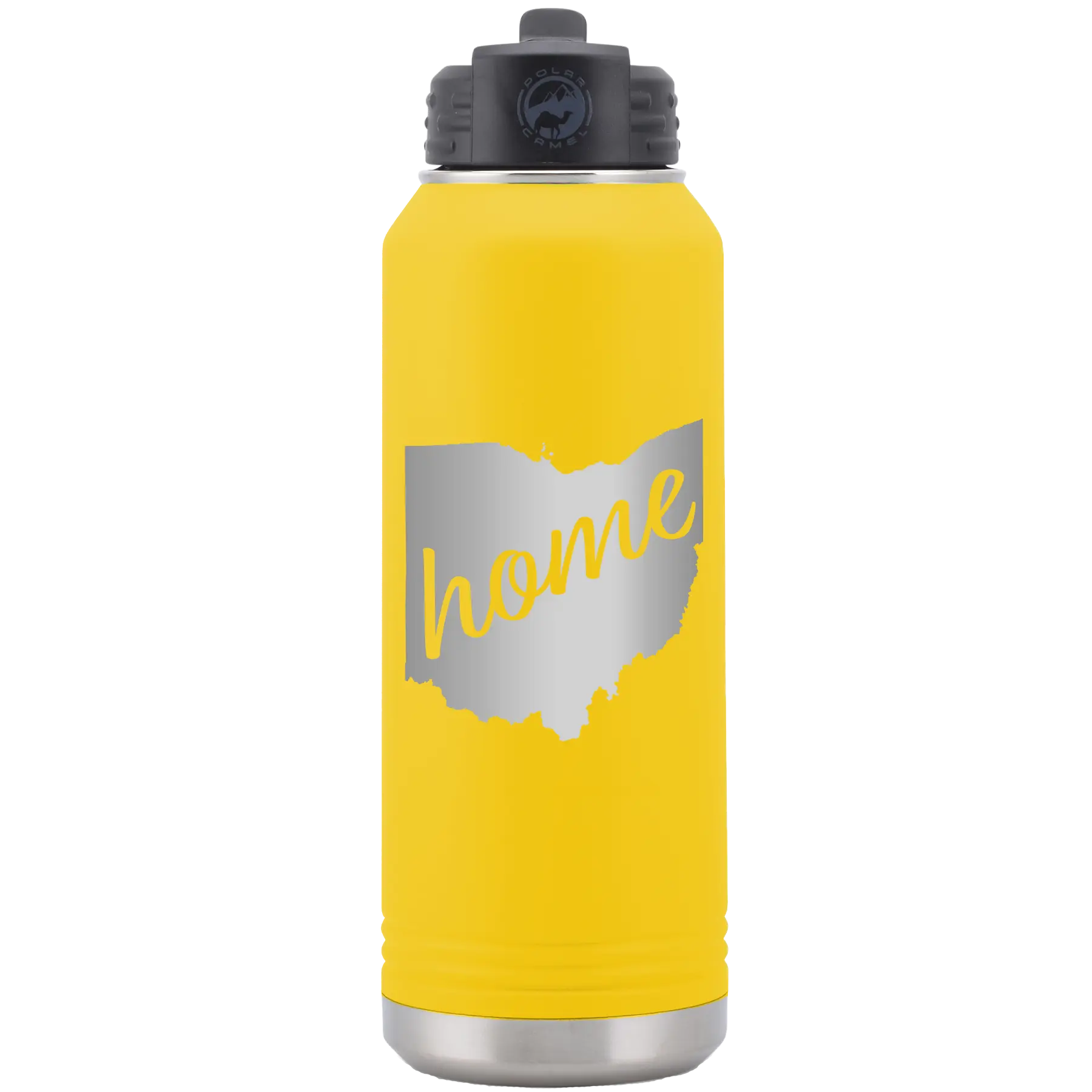 Laser etched yellow 32 oz vacuum insulated water bottle with 'Ohio Home' design