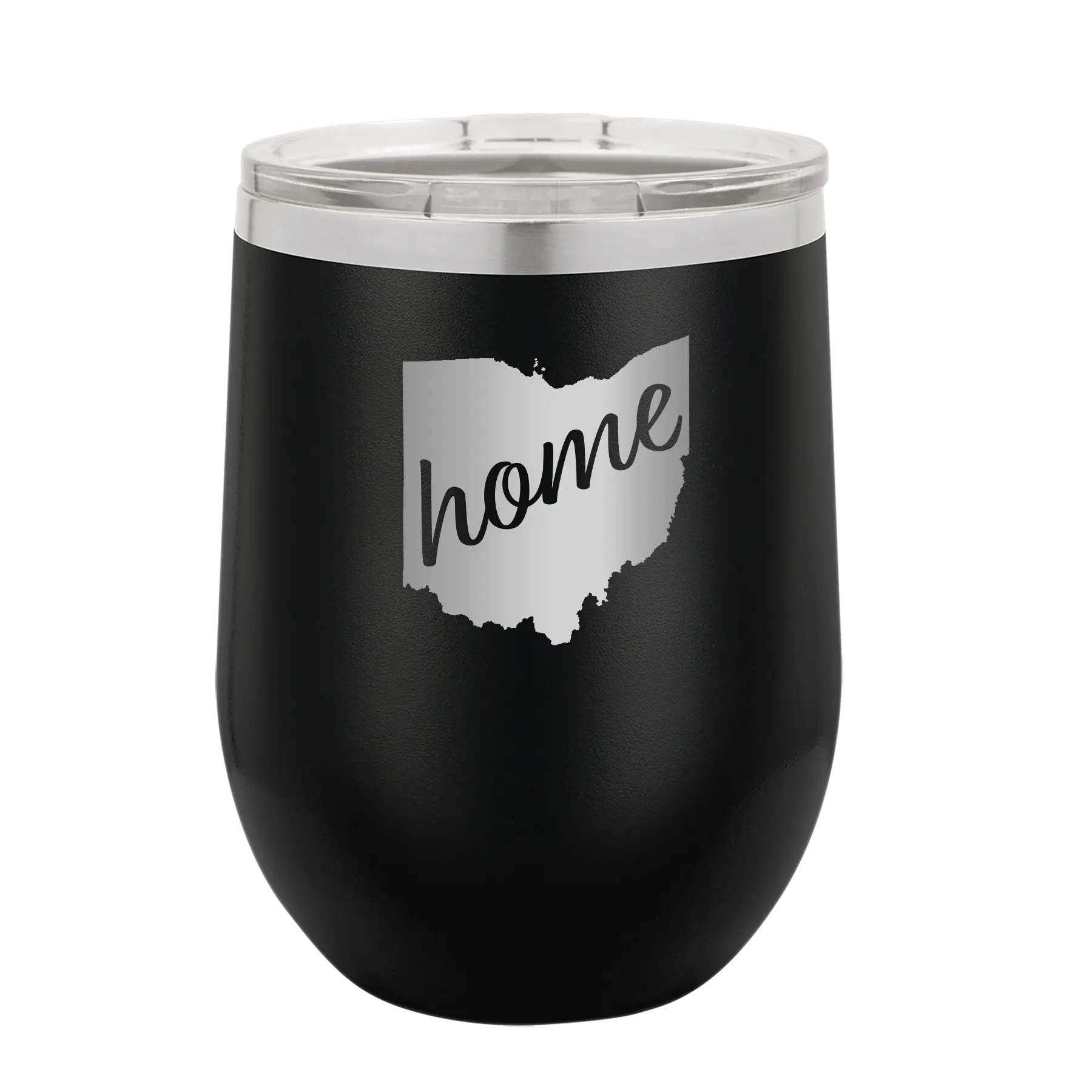 Laser etched black 12 oz vacuum insulated wine cup with 'Ohio Home' design