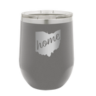 Laser etched dark gray 12 oz vacuum insulated wine cup with 'Ohio Home' design