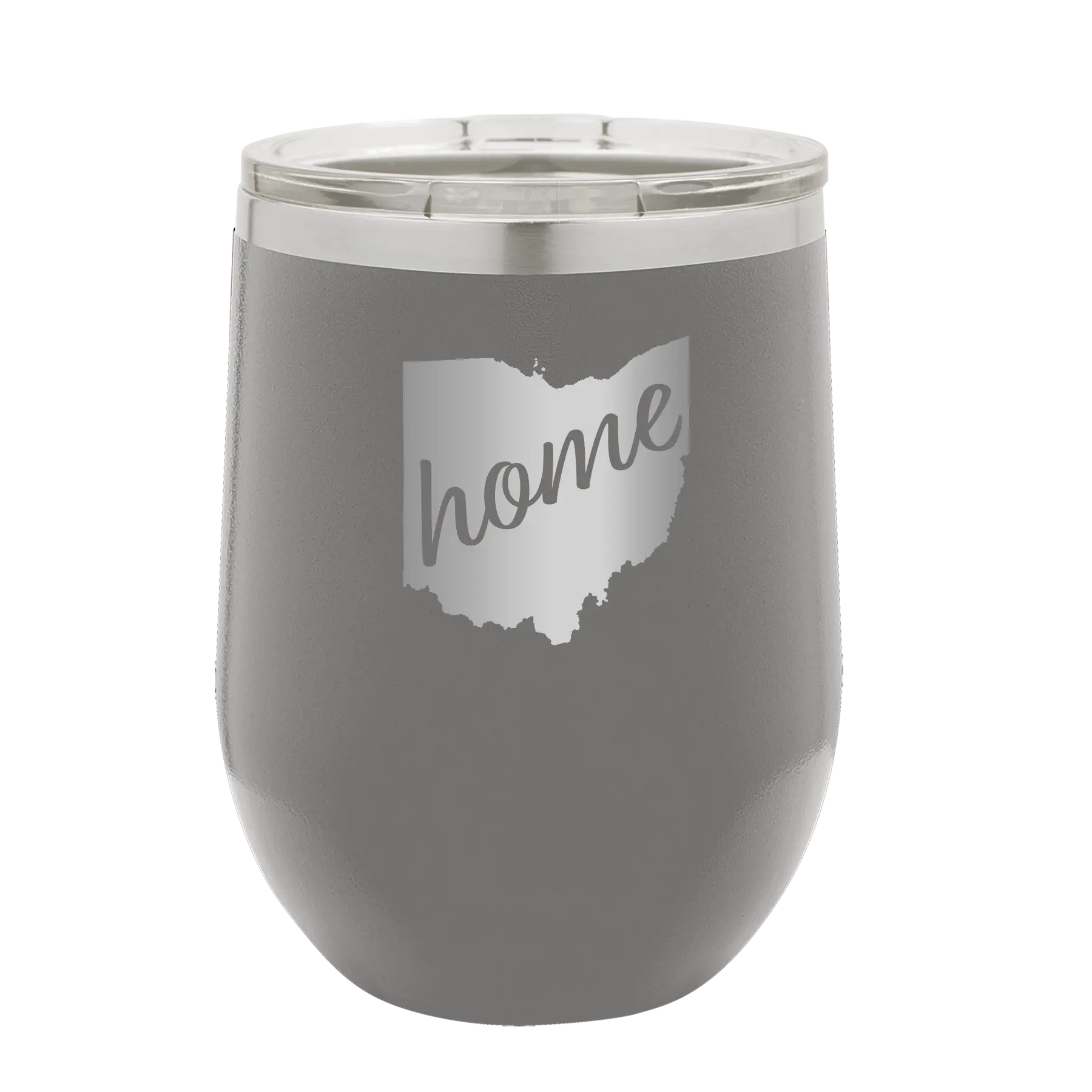 Laser etched dark gray 12 oz vacuum insulated wine cup with 'Ohio Home' design