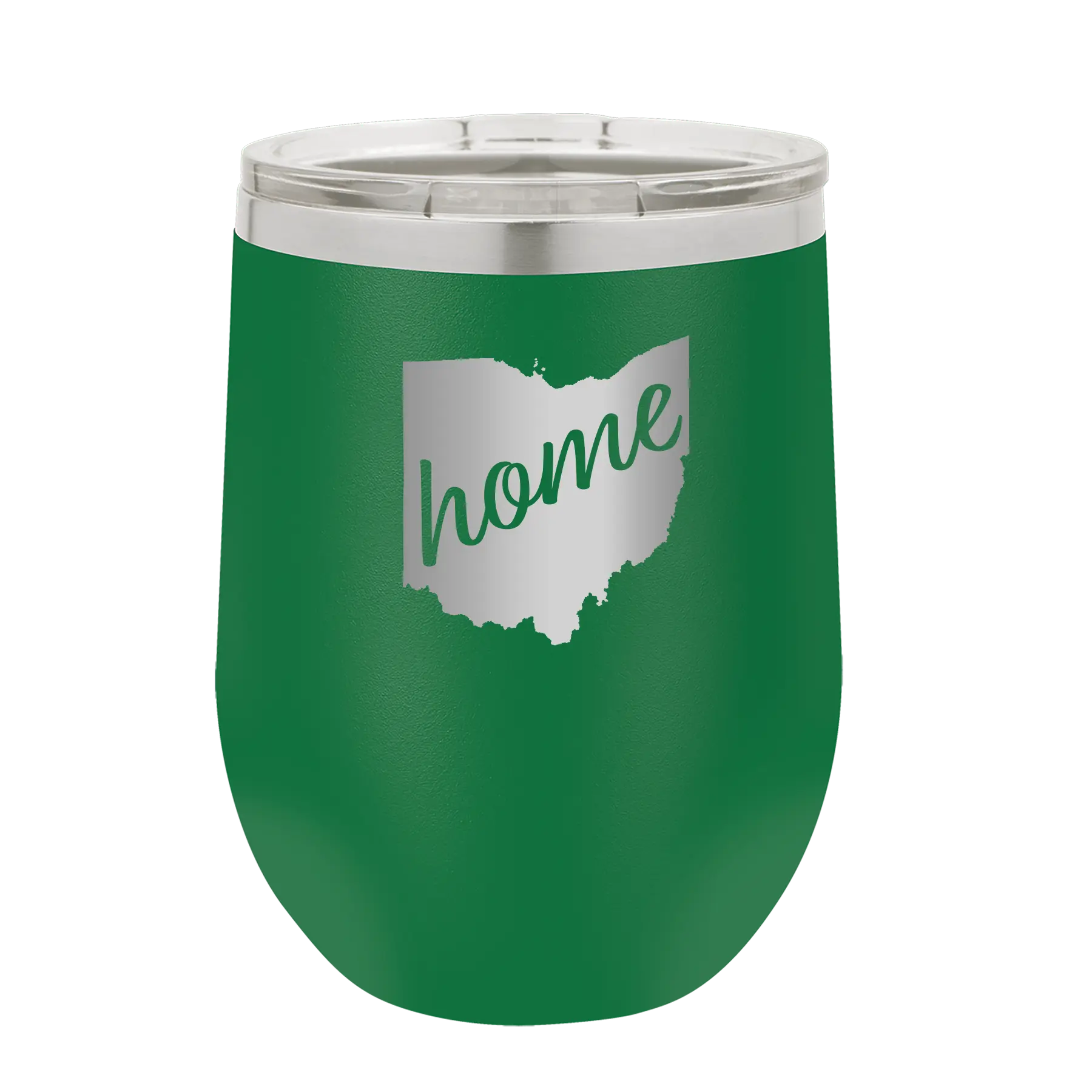 Laser etched green 12 oz vacuum insulated wine cup with 'Ohio Home' design