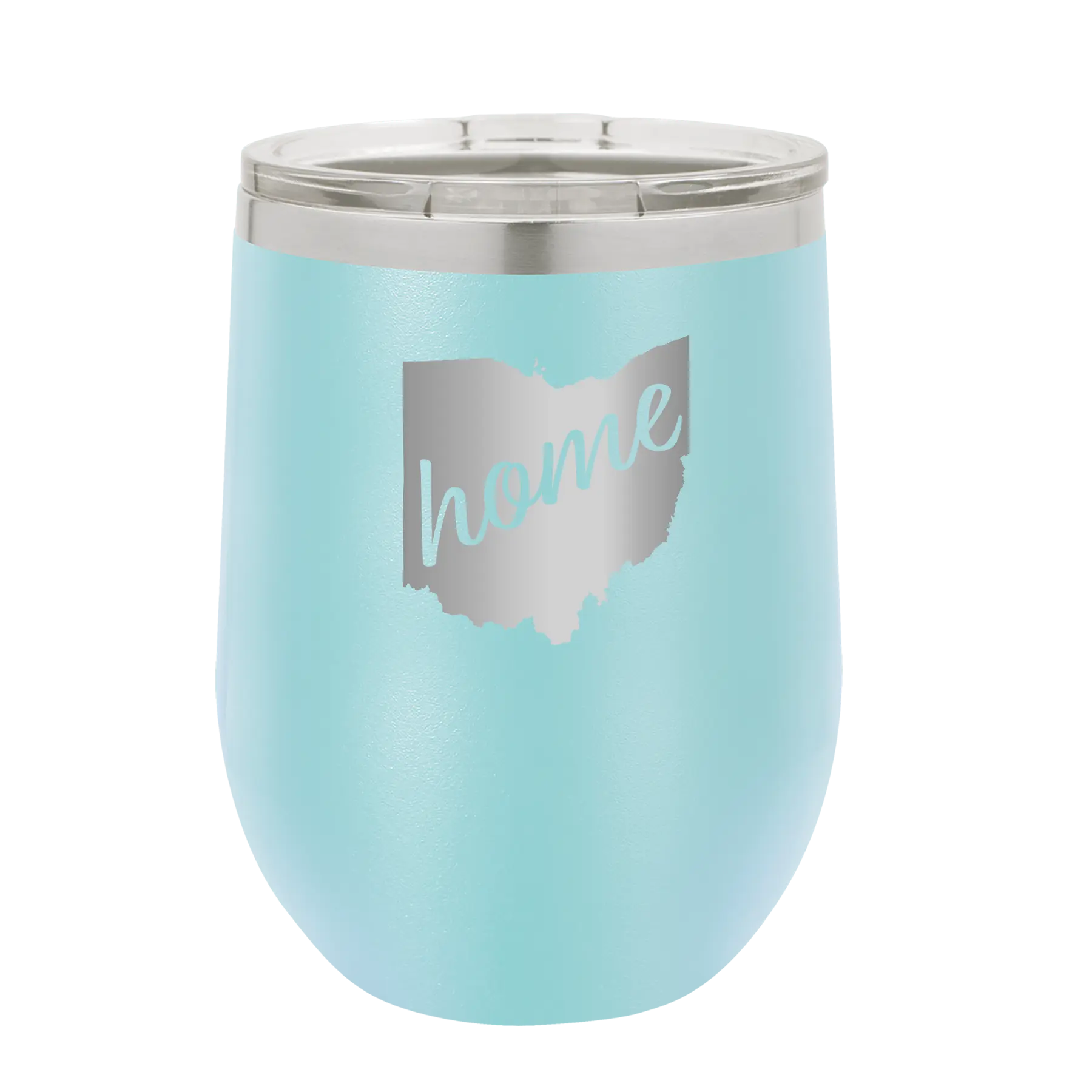 Laser etched light blue 12 oz vacuum insulated wine cup with 'Ohio Home' design