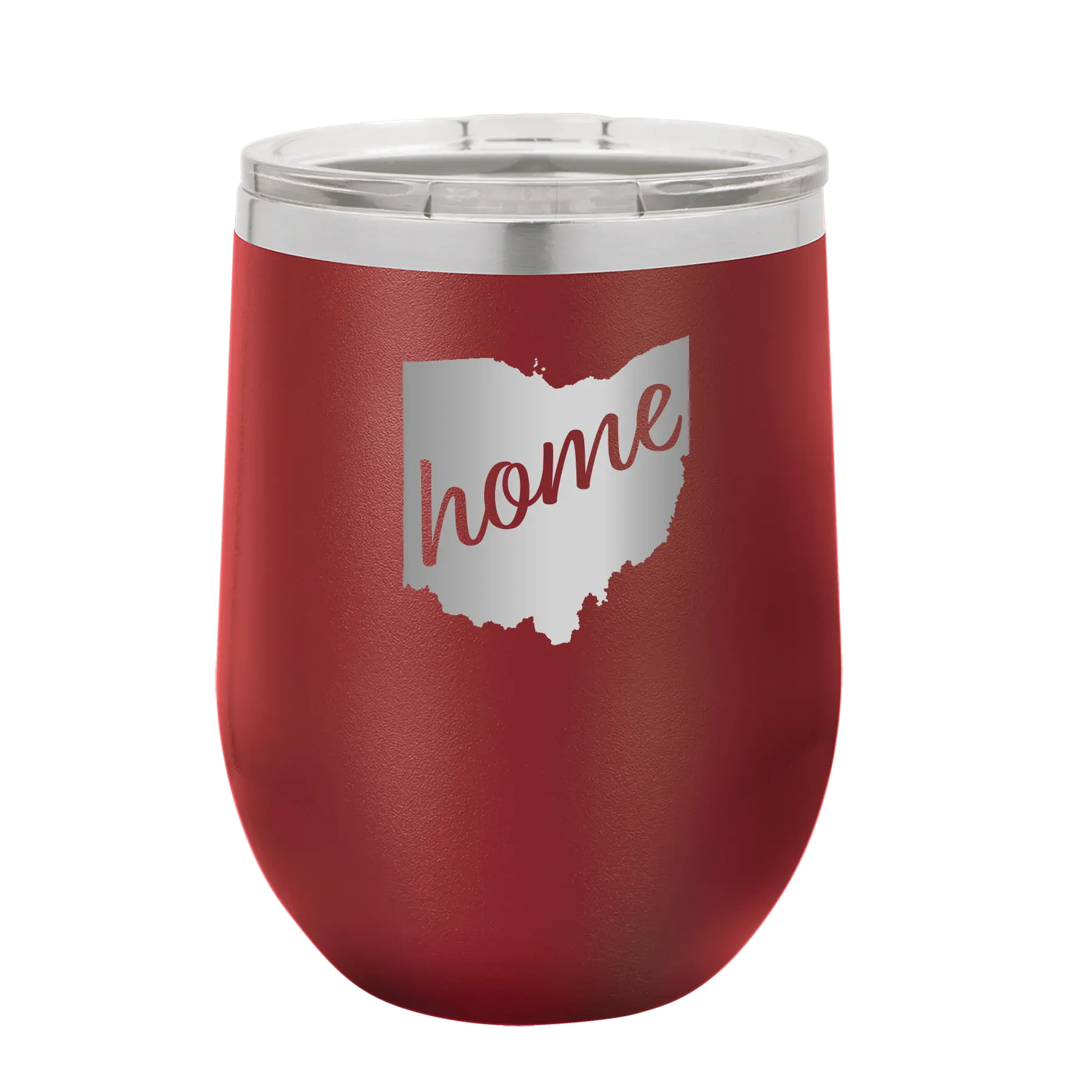Laser etched maroon 12 oz vacuum insulated wine cup with 'Ohio Home' design