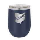 Laser etched navy 12 oz vacuum insulated wine cup with 'Ohio Home' design