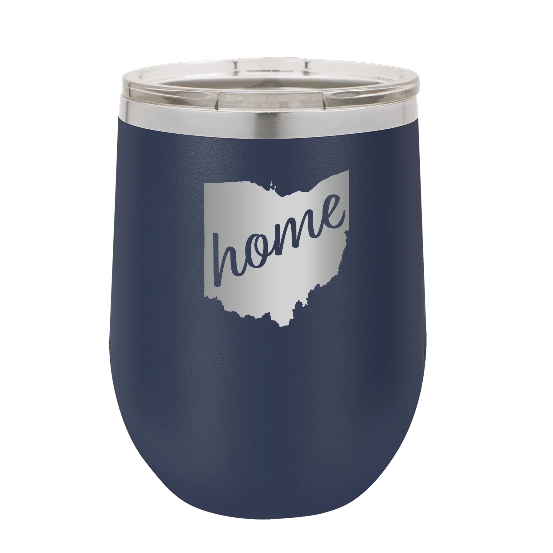 Laser etched navy 12 oz vacuum insulated wine cup with 'Ohio Home' design