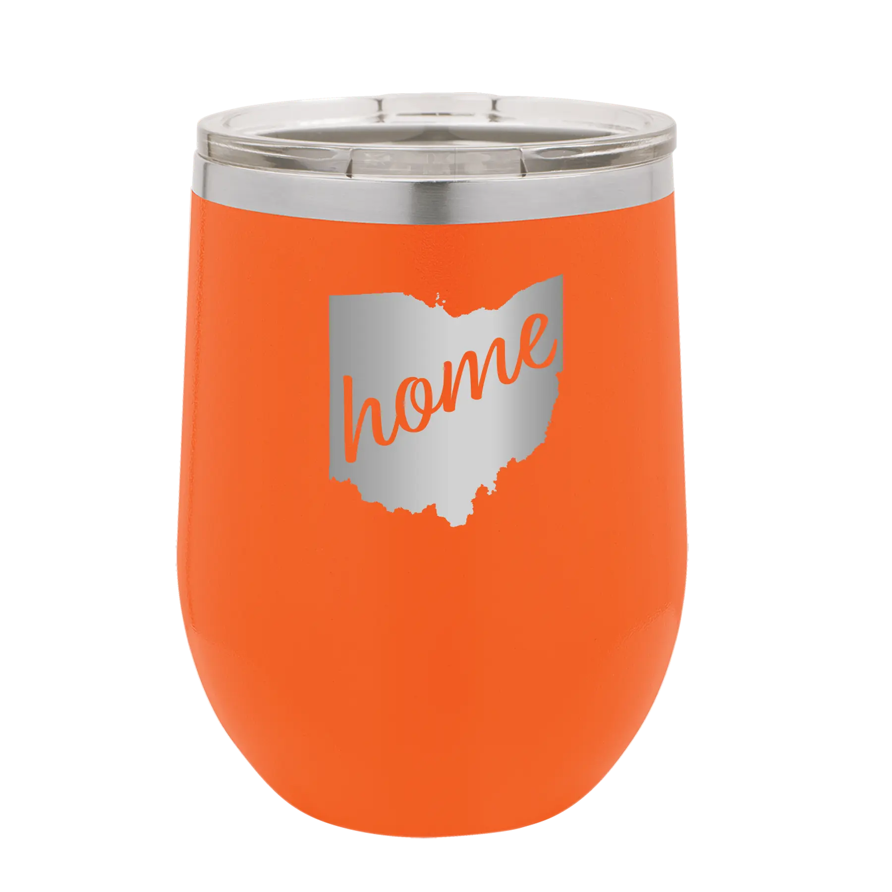Laser etched orange 12 oz vacuum insulated wine cup with 'Ohio Home' design