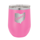 Laser etched pink 12 oz vacuum insulated wine cup with 'Ohio Home' design