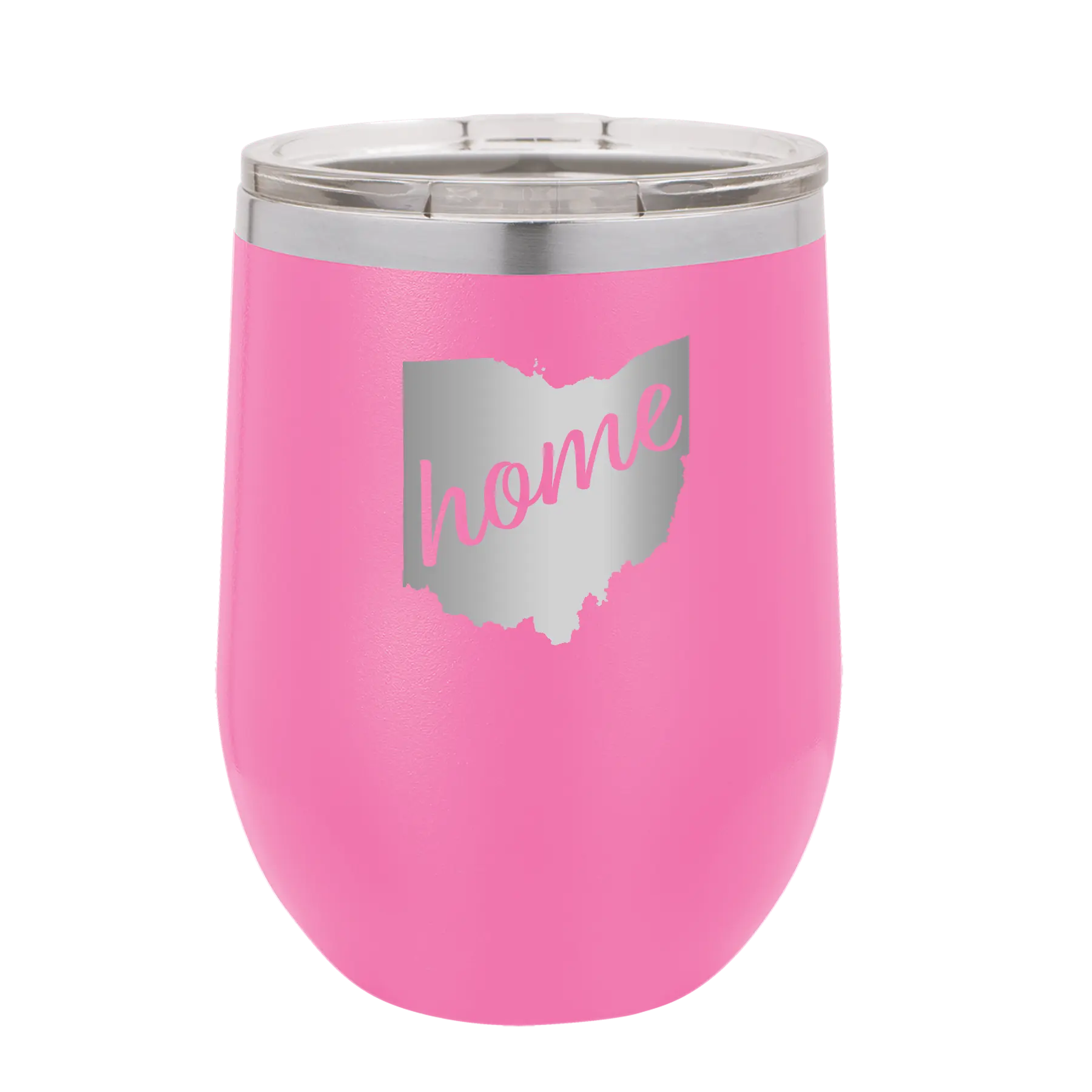 Laser etched pink 12 oz vacuum insulated wine cup with 'Ohio Home' design