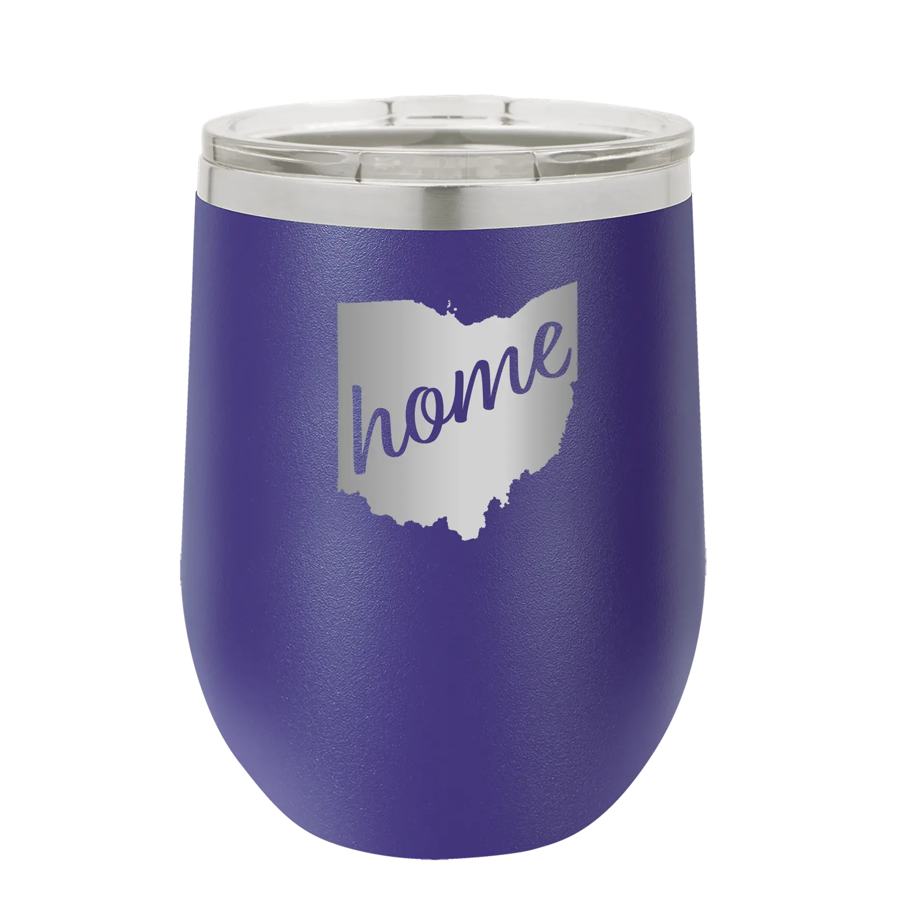 Laser etched purple 12 oz vacuum insulated wine cup with 'Ohio Home' design