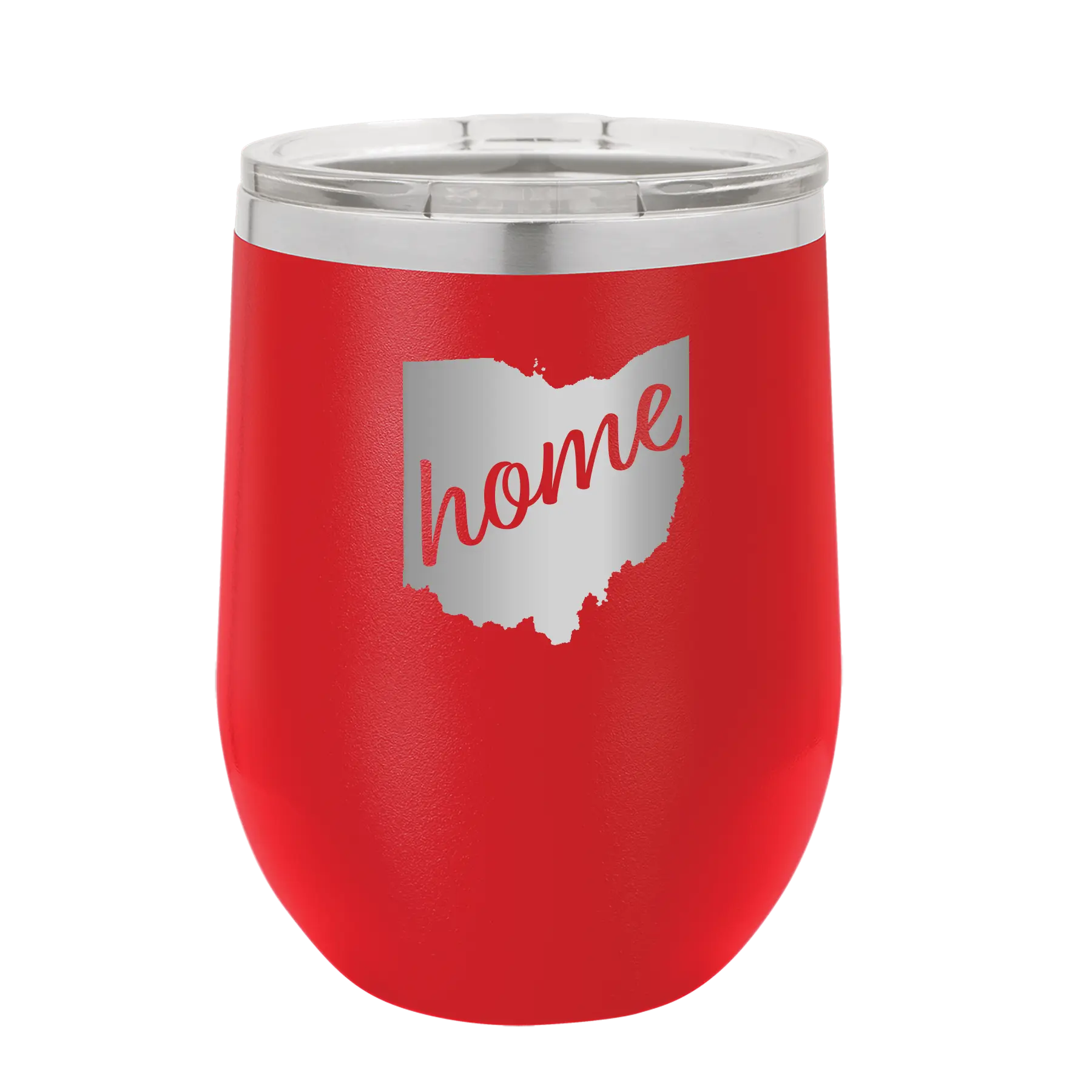 Laser etched red 12 oz vacuum insulated wine cup with 'Ohio Home' design