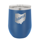 Laser etched royal blue 12 oz vacuum insulated wine cup with 'Ohio Home' design