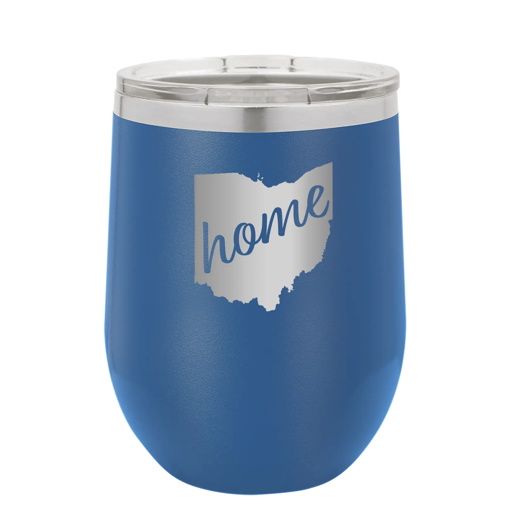 Laser etched royal blue 12 oz vacuum insulated wine cup with 'Ohio Home' design