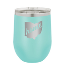 Laser etched teal 12 oz vacuum insulated wine cup with 'Ohio Home' design
