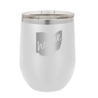 Laser etched white 12 oz vacuum insulated wine cup with 'Ohio Home' design