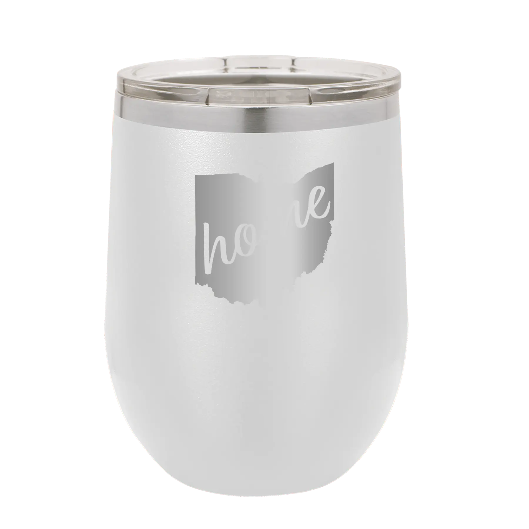 Laser etched white 12 oz vacuum insulated wine cup with 'Ohio Home' design