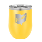 Laser etched yellow 12 oz vacuum insulated wine cup with 'Ohio Home' design