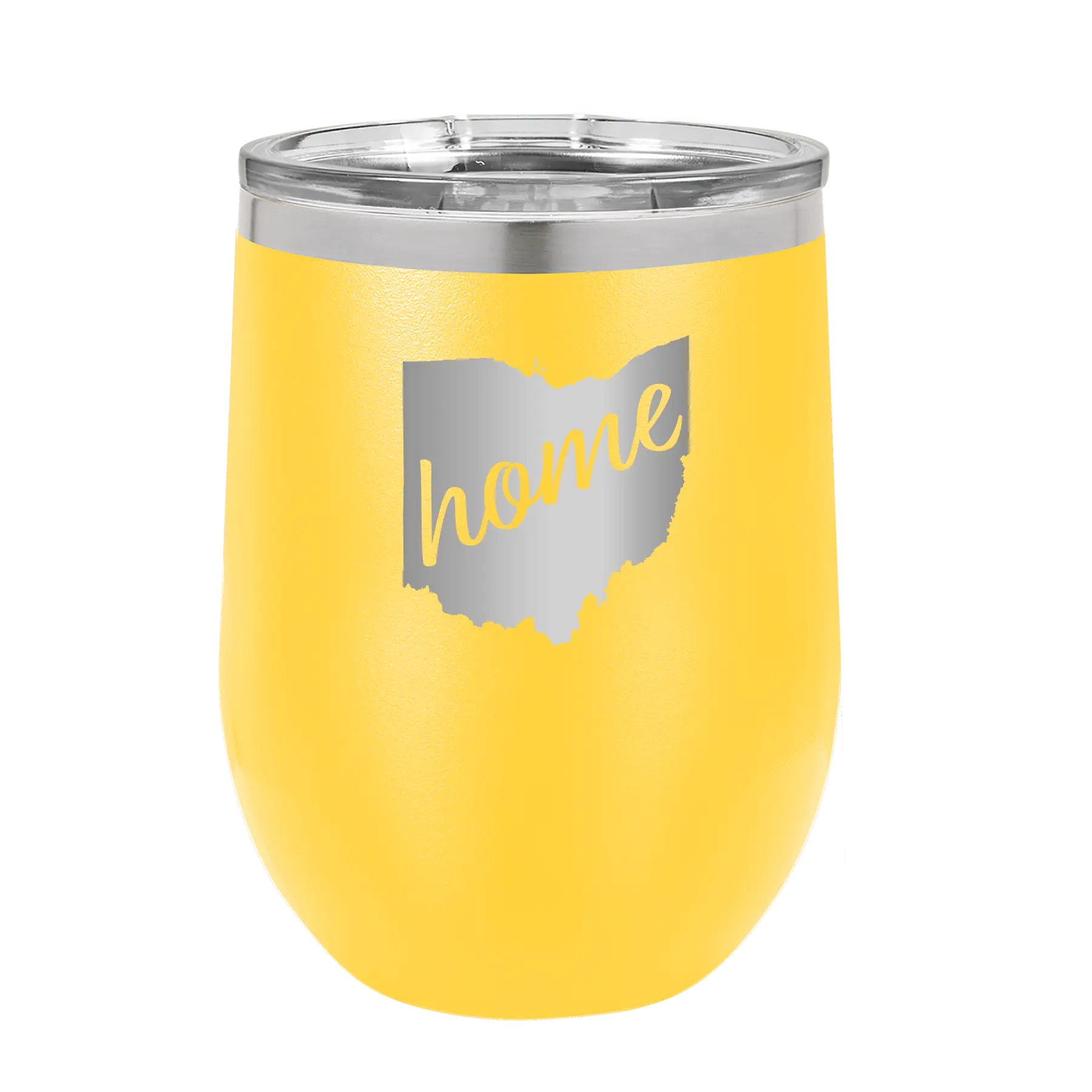 Laser etched yellow 12 oz vacuum insulated wine cup with 'Ohio Home' design