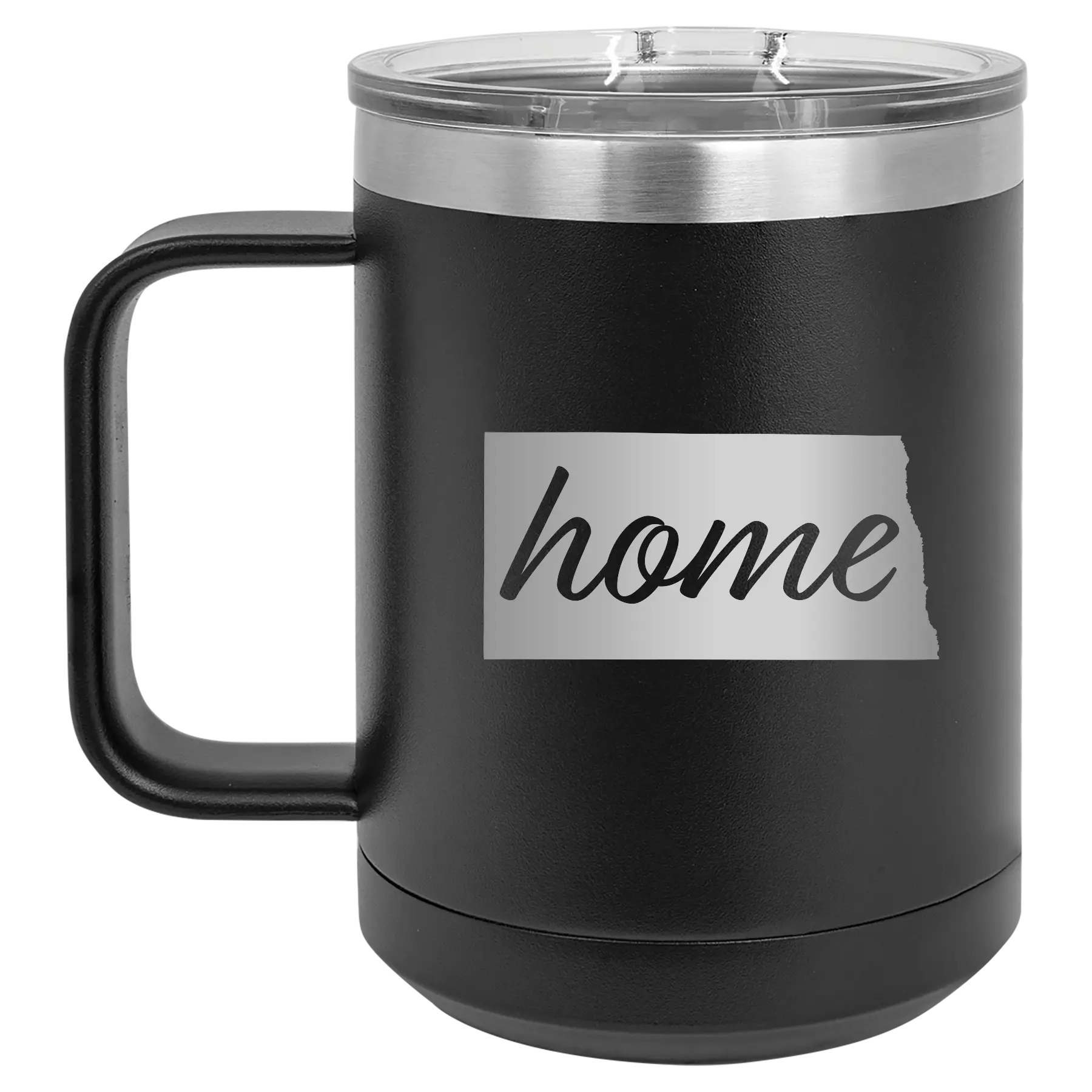 Laser etched black 15 oz vacuum insulated coffee mug with 'North Dakota Home' design