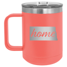 Laser etched coral 15 oz vacuum insulated coffee mug with 'North Dakota Home' design
