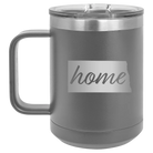 Laser etched dark gray 15 oz vacuum insulated coffee mug with 'North Dakota Home' design