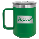 Laser etched green 15 oz vacuum insulated coffee mug with 'North Dakota Home' design