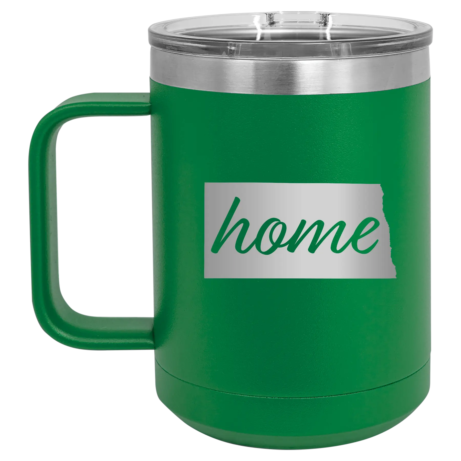Laser etched green 15 oz vacuum insulated coffee mug with 'North Dakota Home' design