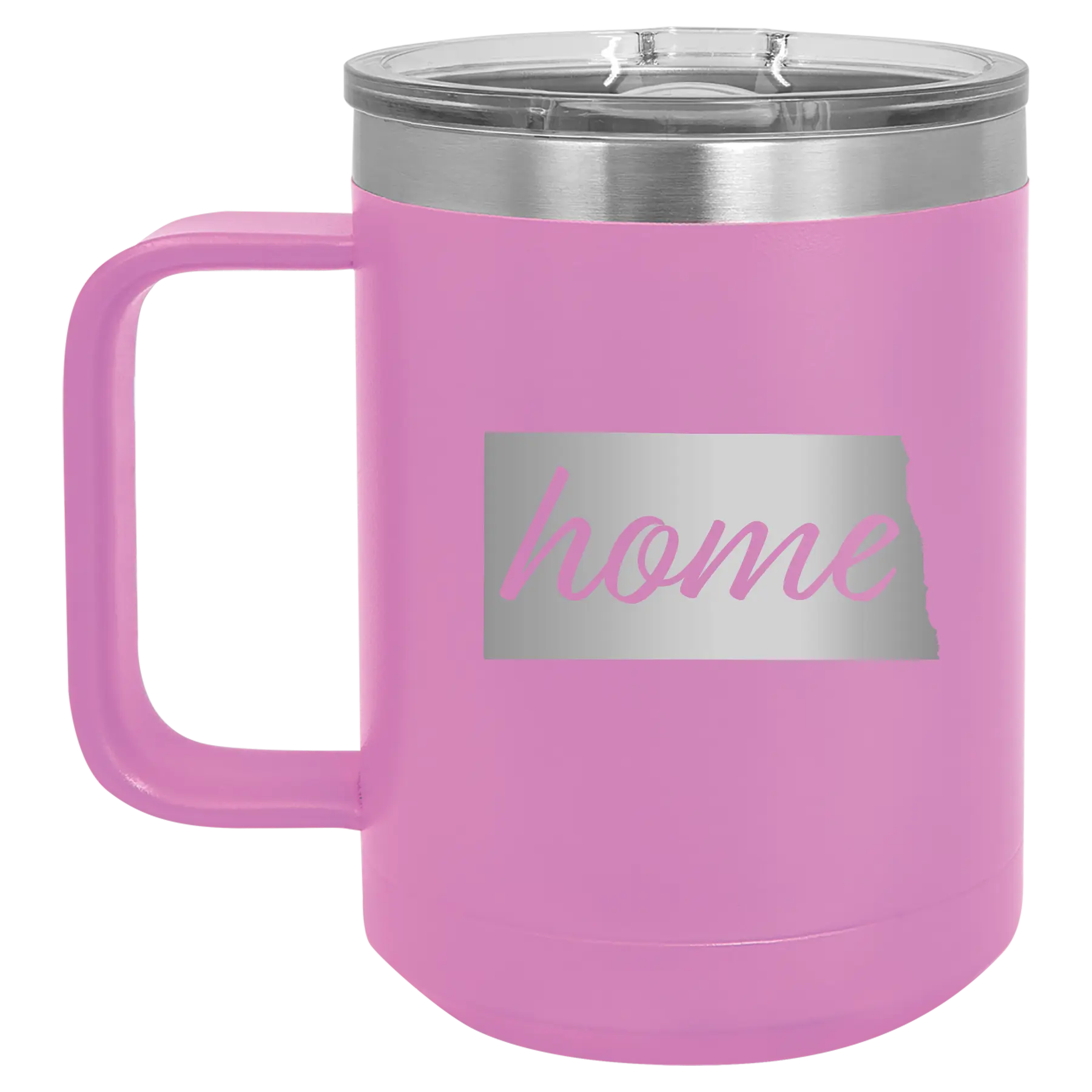 Laser etched light purple 15 oz vacuum insulated coffee mug with 'North Dakota Home' design