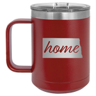 Laser etched maroon 15 oz vacuum insulated coffee mug with 'North Dakota Home' design
