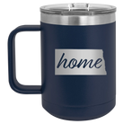Laser etched navy 15 oz vacuum insulated coffee mug with 'North Dakota Home' design