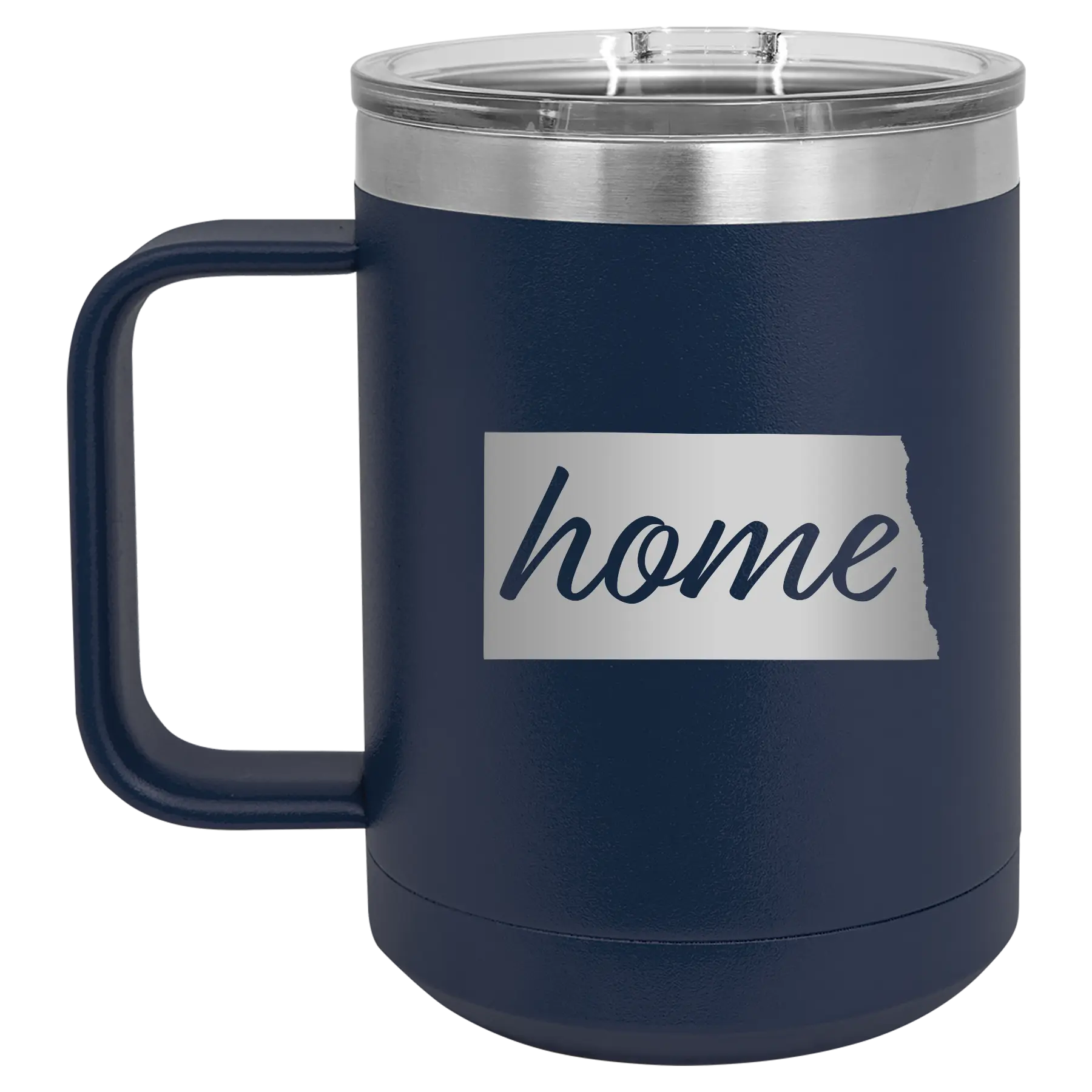Laser etched navy 15 oz vacuum insulated coffee mug with 'North Dakota Home' design