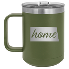 Laser etched olive green 15 oz vacuum insulated coffee mug with 'North Dakota Home' design