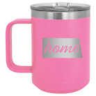Laser etched pink 15 oz vacuum insulated coffee mug with 'North Dakota Home' design