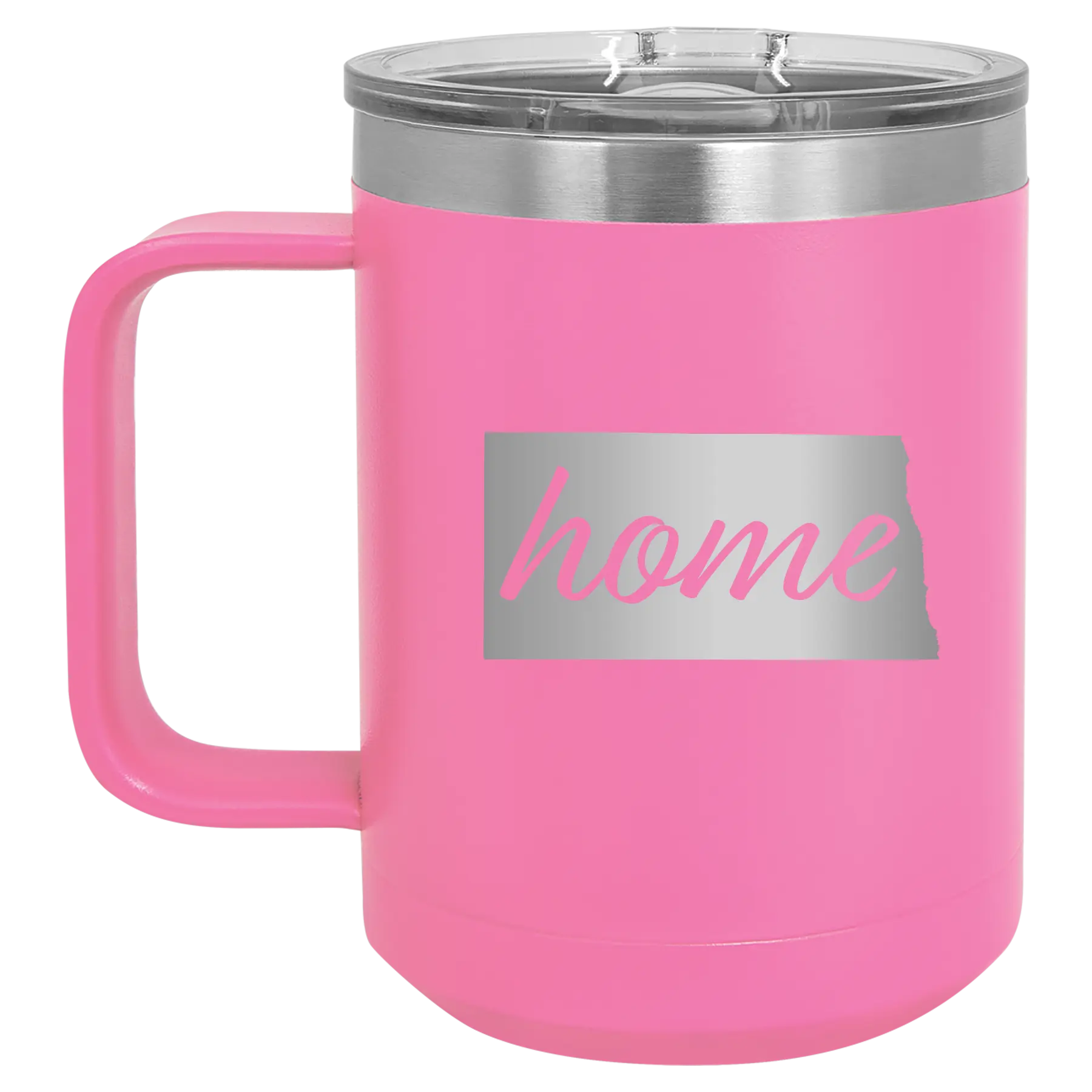 Laser etched pink 15 oz vacuum insulated coffee mug with 'North Dakota Home' design