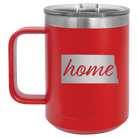 Laser etched red 15 oz vacuum insulated coffee mug with 'North Dakota Home' design