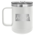 Laser etched white 15 oz vacuum insulated coffee mug with 'North Dakota Home' design