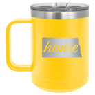 Laser etched yellow 15 oz vacuum insulated coffee mug with 'North Dakota Home' design