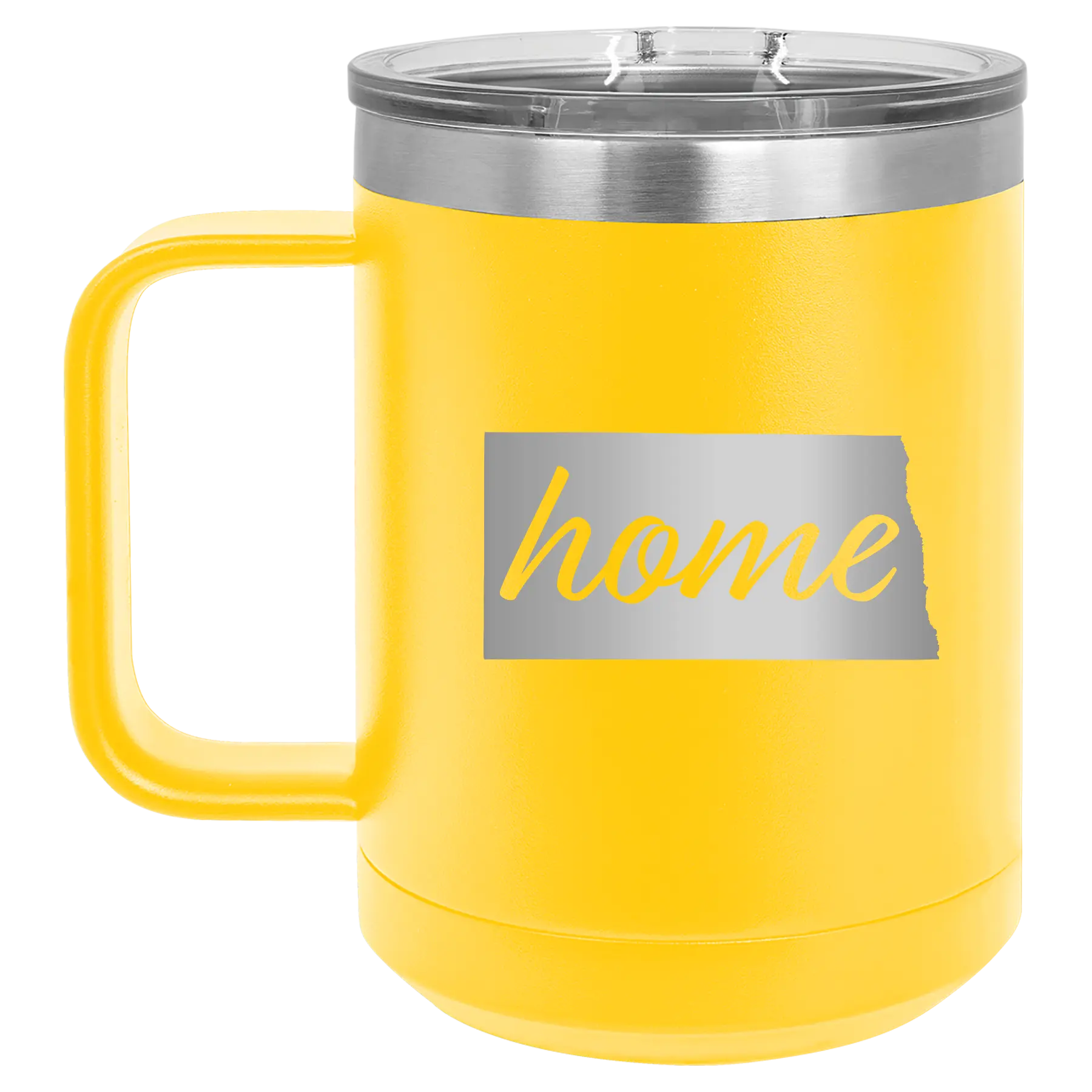 Laser etched yellow 15 oz vacuum insulated coffee mug with 'North Dakota Home' design