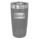 Laser etched dark gray 20 oz vacuum insulated tumbler with 'North Dakota Home' design