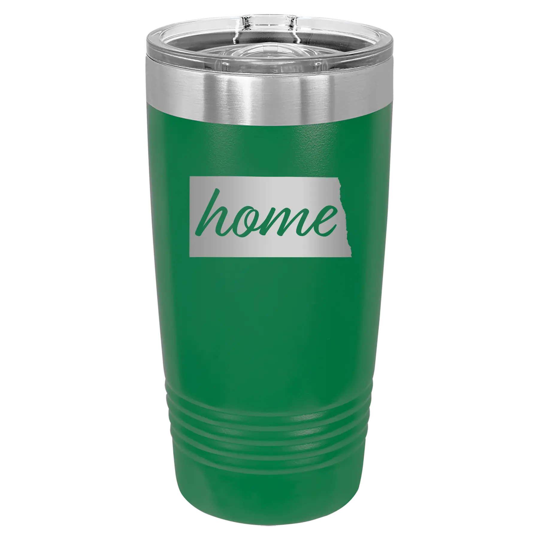 Laser etched green 20 oz vacuum insulated tumbler with 'North Dakota Home' design