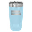 Laser etched light blue 20 oz vacuum insulated tumbler with 'North Dakota Home' design