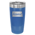 Laser etched royal blue 20 oz vacuum insulated tumbler with 'North Dakota Home' design