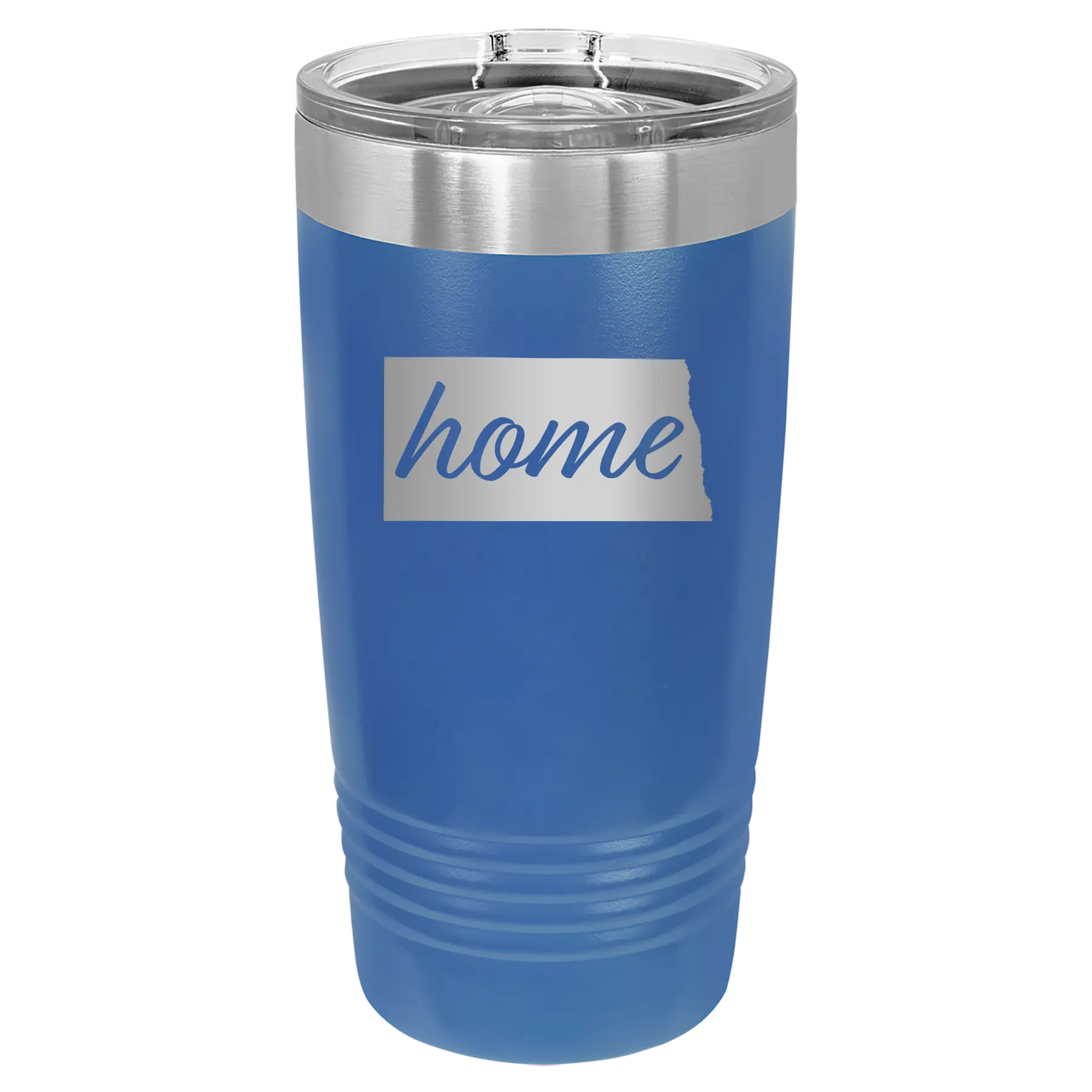 Laser etched royal blue 20 oz vacuum insulated tumbler with 'North Dakota Home' design